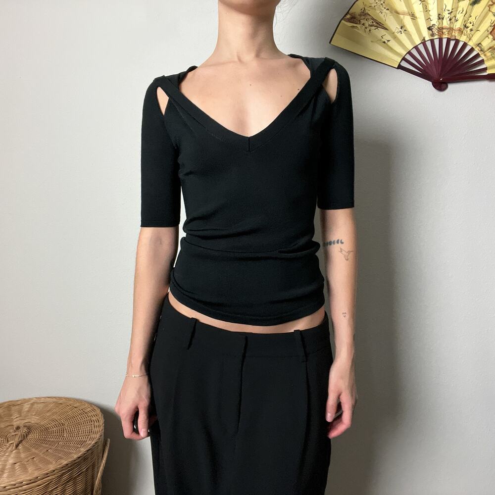 y2k vintage cache black minimalist fitted v neck 3/4 sleeve cutout sexy knit top